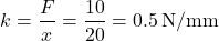 \[ k = \frac{F}{x} = \frac{10}{20} = 0.5 \, \text{N/mm} \]