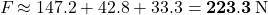 F_{\text{総}}\approx 147.2+42.8+33.3=\mathbf{223.3}\,{\rm N}